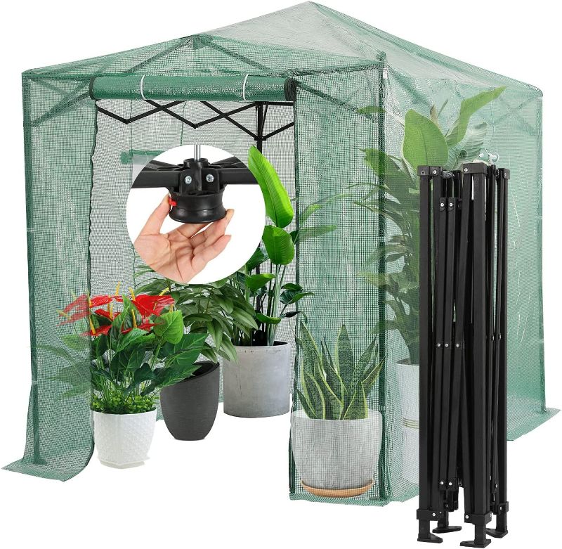 Photo 1 of CROWN SHADES 8'x6' Instant Pop-up Walk-in Greenhouse Indoor Outdoor Plant Gardening Green House Canopy, Front and Rear Roll-up Zipper Entry Doors and 2 Roll-Up Side Windows, Green
