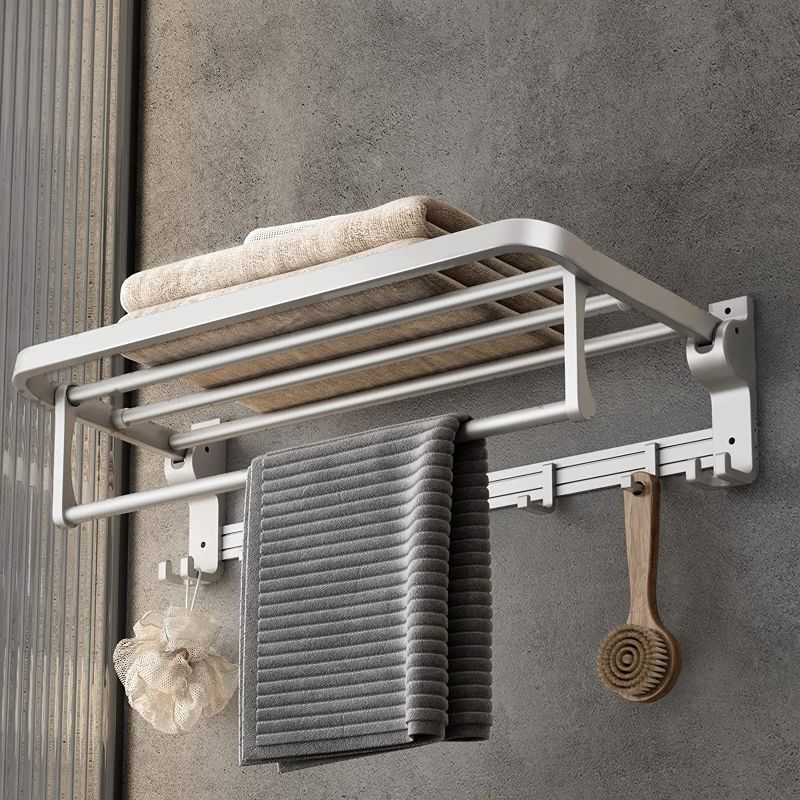 Photo 1 of 24 Inch Towel Rack with Towel Bar Holder Foldable Towel Shelf with Movable Hooks Rustproof Towel Storage Wall Mount for Bathroom Lavatory Silver
