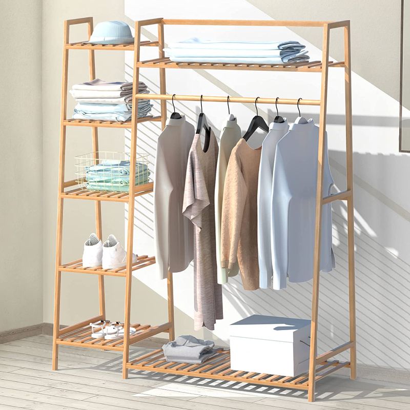 Photo 1 of 43.5" Bamboo Clothing Garment Rack Free Standing Clothes Coat Hanger Rolling Closet Organizer Shoe Rack Wardrobe Storage Hall Tree Entryway Living Bedroom Office Storage Shelves Clothes Hanging Rack
