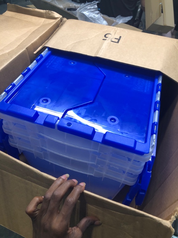 Photo 2 of Akro-Mils 66486 12-Gallon Plastic Stackable Storage Keepbox Tote Container with Attached Hinged Lid, 21-1/2-Inch x 15-Inch x 12-1/2-Inch, Clear/Blue Clear/Blue Keep Box