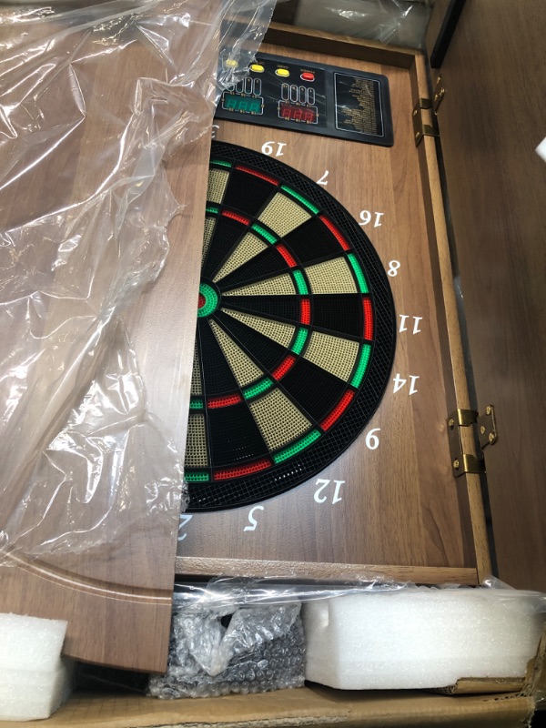 Photo 1 of ELVODOSIA Dart Board, Decorative Dart Board Cabinet Set [12*Soft Tip Darts], Electronic Dart Board, Wooden Cabinet Doors with Integrated Scoreboard for Family Game Rooms, [Apricot], [Coffee], [Black]