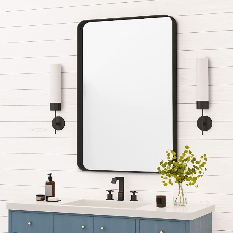 Photo 1 of Brushed Black Bathroom Mirror 22 x 30 Inch, Modern Black Mirror for Wall with Rounded Corner, Bathroom Mirrors for Vanity, Metal Framed Mirror Portrait or Landscape Hang, Rectangle Mirrors for Bedroom
