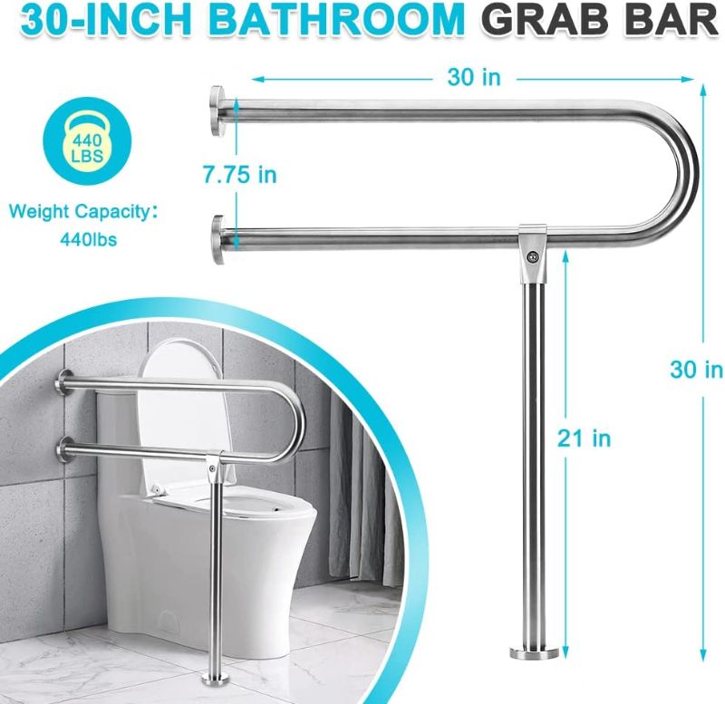 Photo 1 of Handicap Grab Bars Rails 30-Inch Toilet Handrails Bathroom Safety Bar Hand Support Rail Handicapped Handrail Accessories for Seniors Elderly Disabled Bariatric Railing Wall to Floor Mounted Bath Grips