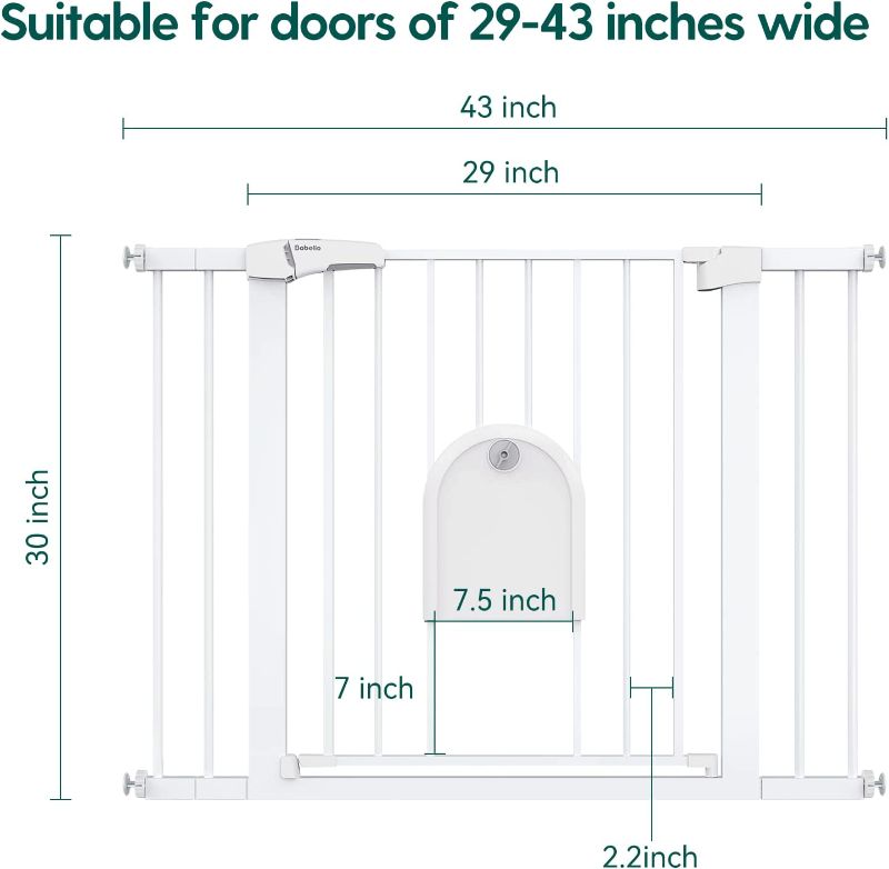 Photo 1 of Babelio Auto Close Baby Gate with Small Cat Door, 29-43" Metal Cat Gate for Doorway, Stairs, House, Easy Walk Thru Dog Gate with pet Door, Includes 4 Wall Cups and 3 Extension Pieces, White