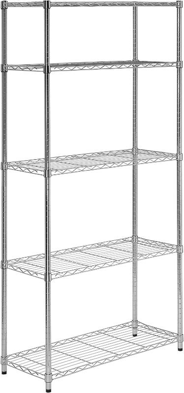 Photo 1 of Amazon Basics 5-Shelf Shelving Storage Unit on 4'' Wheel Casters, Chrome Silver (30L x 14W x 64.75H) & 4-Shelf Shelving Storage Unit on 3'' Wheel Casters, Chrome Silver (36L x 14W x 57.75H