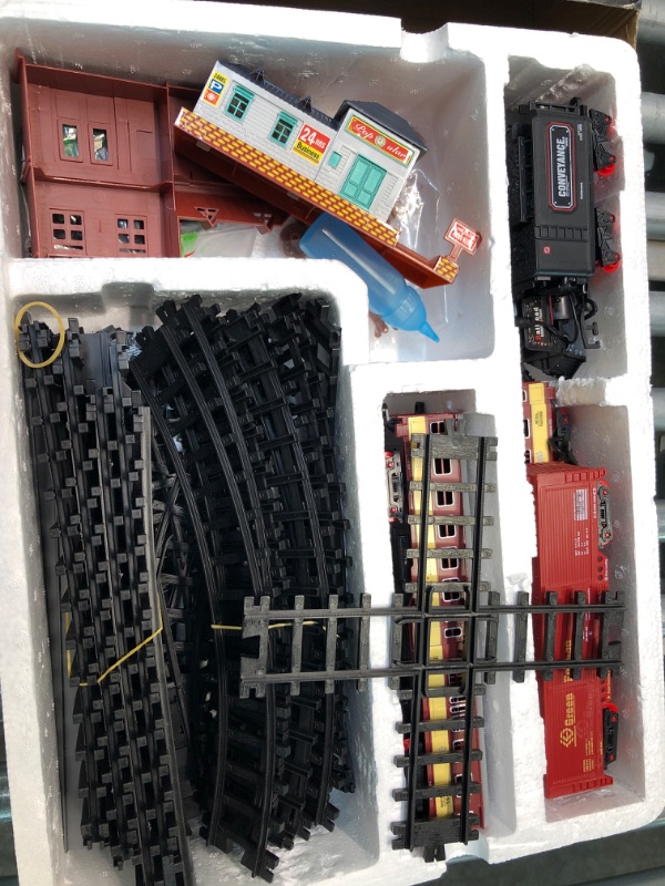 Photo 2 of Electric Classical Train Set with Steam Locomotive Engine, Cargo Car and Long Track, Battery Power Play Set w/ Smoke, Light and Sounds, for Boys & Girls 3 4 5 6 7 Years Upgraded Black