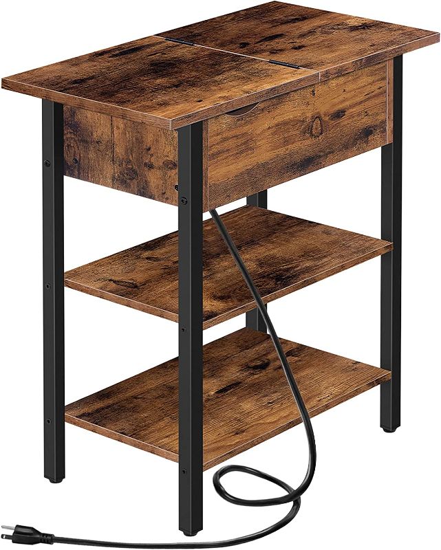 Photo 1 of HOOBRO Side Table, Narrow End Table with Charging Station and Shelves, USB Ports & Power Outlets, Flip Nightstand for Small Spaces, Stable and Sturdy, for Living Room, Bedroom, Rustic Brown BF341BZ01
