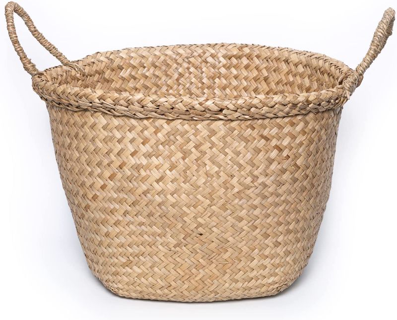 Photo 1 of Goodsdeco Multipurpose Seagrass Belly Basket with Handle - Laundry Basket, Woven Seagrass Basket with Handle for Laundry Plants, Large Size Rattan Basket
