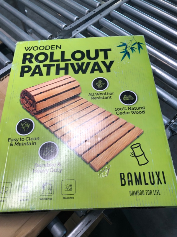 Photo 4 of BAMLUXI Wooden Pathway for Outside - 8 FT (Guaranteed) Roll Out Wooden Pathway for Garden - Non Slip Wooden Walkway Roll - Wooden Curved Garden Pathway Rollout - Outdoor Wooden Garden Pathway.