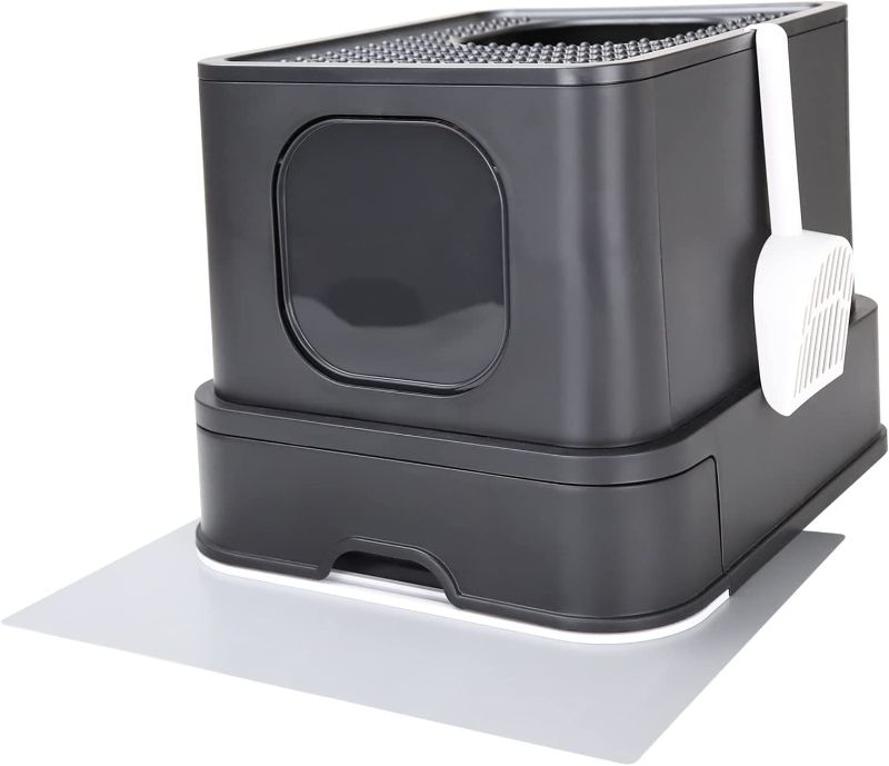 Photo 1 of RIZZARI Foldable Cat Litter Box,Large Top Entry Anti-Splashing Litter Box with Lid,Enclosed Plastic Cat Litter Box with Handy Litter Scoop,Drawer Type Cat Toilet Easy Cleaning (All Black)
