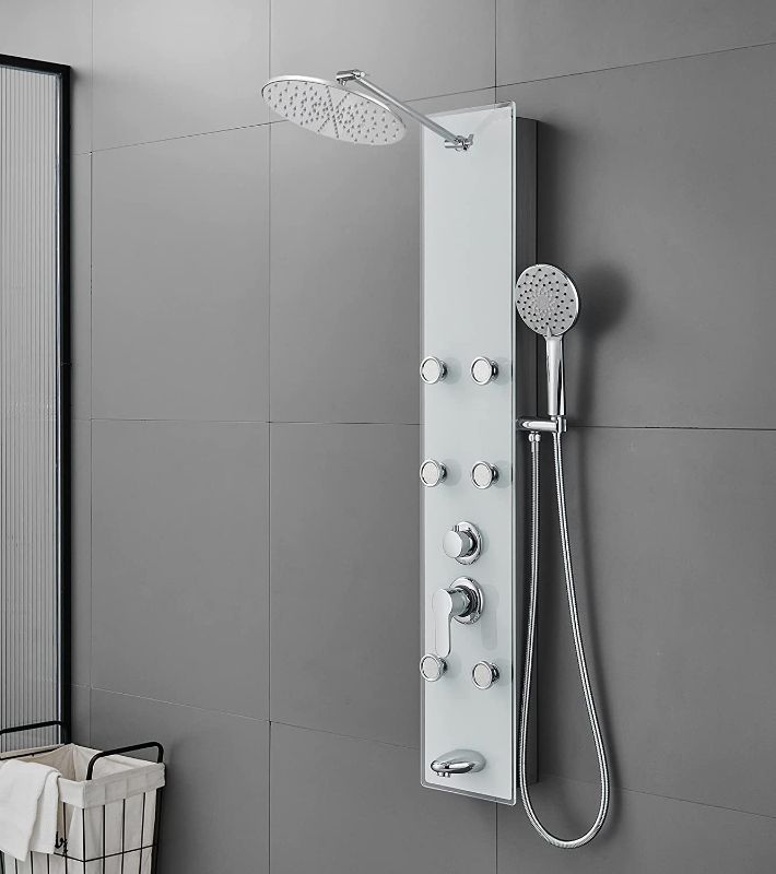 Photo 1 of ROVOGO Tempered Glass Shower Panel System with Rainfall Shower, 6 Body Jets, Handheld Wand and Tub Spout, Shower Tower with Height Adjustable Shower Arm
