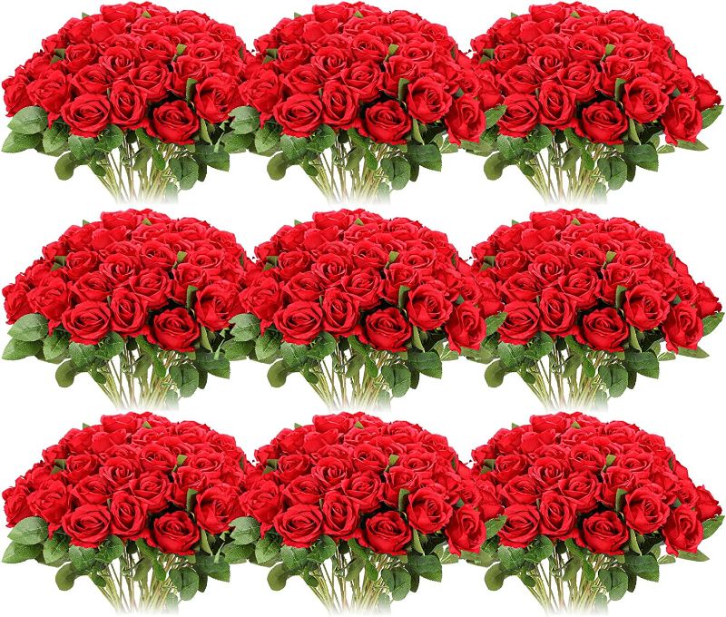 Photo 1 of 100 Pieces Artificial Rose Flower Realistic Silk Roses with Stem Bouquet of Flowers Plastic Flowers Real Looking Fake Roses for Home Wedding Centerpieces Party Decorations, Red(Red, 100 Pcs)
