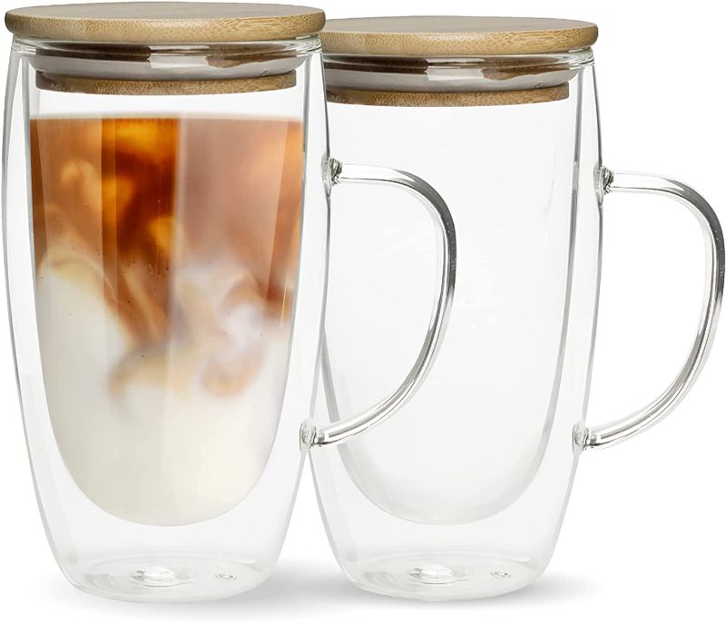 Photo 1 of Double Walled Glass Coffee Mugs By Chef"s Unique Insulated Coffee Mugs With Handle And Bamboo Lid, Clear Glass Cups For Coffee Tea Latte Cappuccino Espresso 16 OZ (Set of 2)
