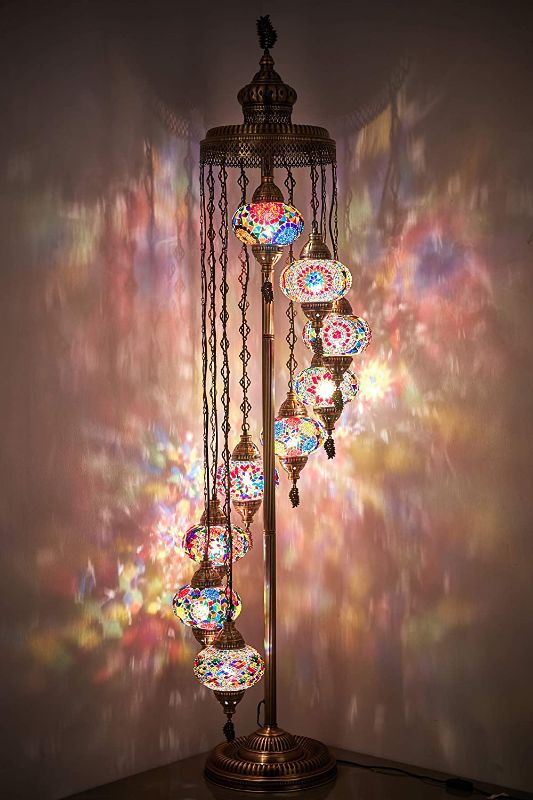 Photo 1 of DEMMEX - 9 Big Globes Turkish Moroccan Mosaic Floor Lamp Light, Bohemian Boho Tiffany Mosaic Floor Lamp with North American Plug & Socket, 6 feet (All Multicolors)
