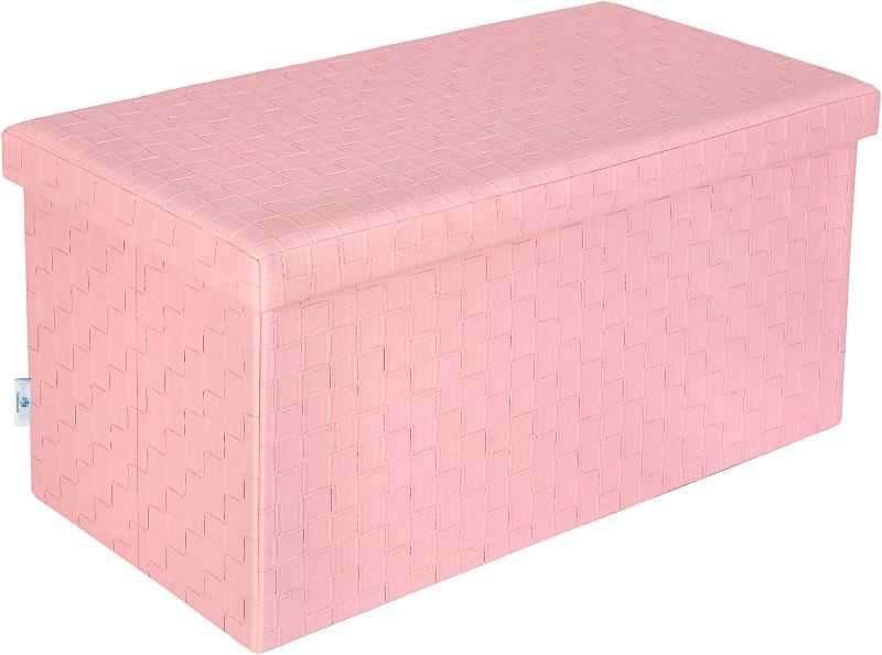 Photo 1 of B FSOBEIIALEO Folding Storage Ottoman, Faux Leather Footrest Stool Long Bench Toy Box Chest for Girls, Pink 30 x15 x15 inches , Large
