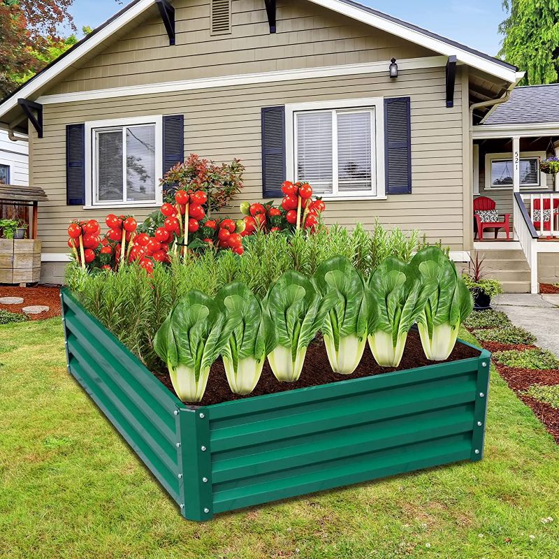 Photo 1 of BLUU Galvanized Raised Garden Bed Metal Planter Box Outdoor for Vegetables, Flowers, Herbs with 10pcs T-Type Tags & a Pair of Gloves, 4×3×1FT, Green
