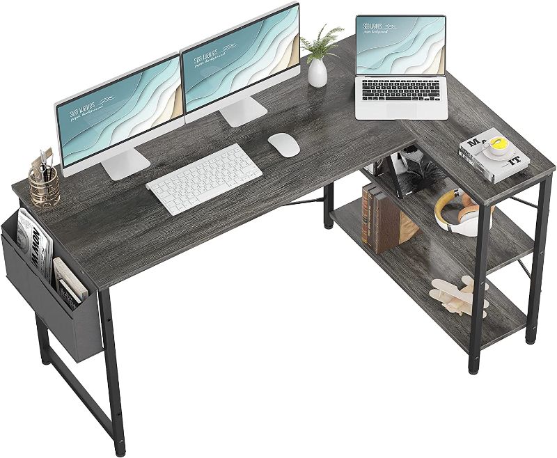 Photo 1 of Homieasy Small L Shaped Computer Desk, 55 Inch L-Shaped Corner Desk with Reversible Storage Shelves for Home Office Workstation, Modern Simple Style Writing Desk Table with Storage Bag(Black Oak)