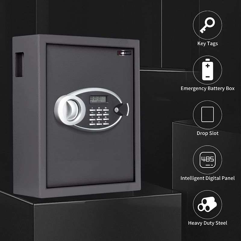 Photo 1 of HOLOJOY Key Cabinet with Digital Lock - Heavy Duty Secured Storage, Lock Box with Key Tags Wall Mounted Metal Steel Key Safe - Ideal for Home Hotels Schools...
