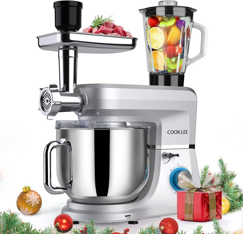 Photo 1 of COOKLEE 6-IN-1 Stand Mixer, 8.5 Qt. Multifunctional Electric Kitchen Mixer with Beater, Whisk, Dough Hook, Meat Grinder and Other Accessories for Most Home Cooks, SM-1507BM, Silvery
