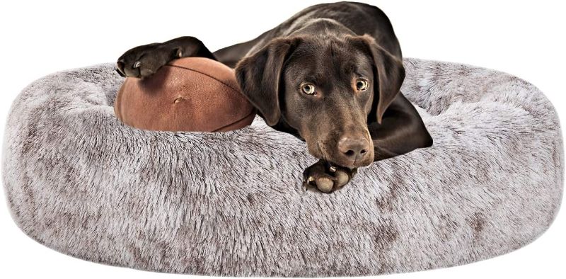 Photo 1 of Coohom Oval Calming Donut Cuddler Dog Bed,Shag Faux Fur Cat Bed Washable Round Pillow Pet Bed(30"/36"/43") for Small Medium Dogs (L(30"x24"x8"),Light Brown)
