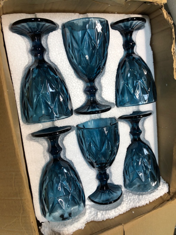 Photo 2 of Vintage Wine Glasses Set of 6, 10 Ounce Colored Glass Water Goblets, Unique Embossed Pattern High Clear Stemmed Glassware Wedding Party Bar Drinking Cups Blue