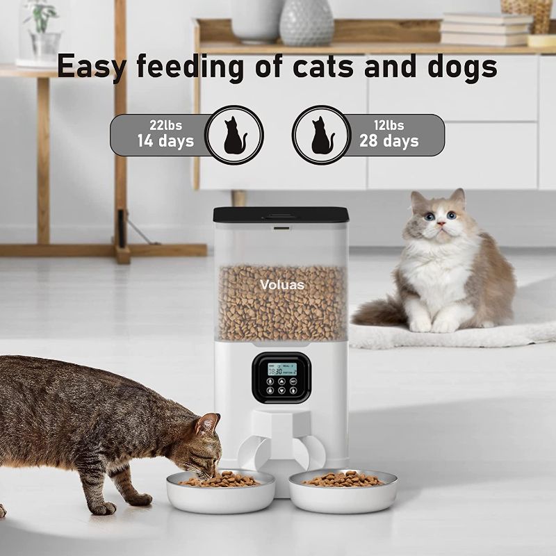 Photo 1 of Voluas Automatic Cat Feeders for Two Cats, Double Pet Feeder with 2 Stainless Steel Bowls,6L Timed Cat Feeder with Memory Function, Pet Food Dish
