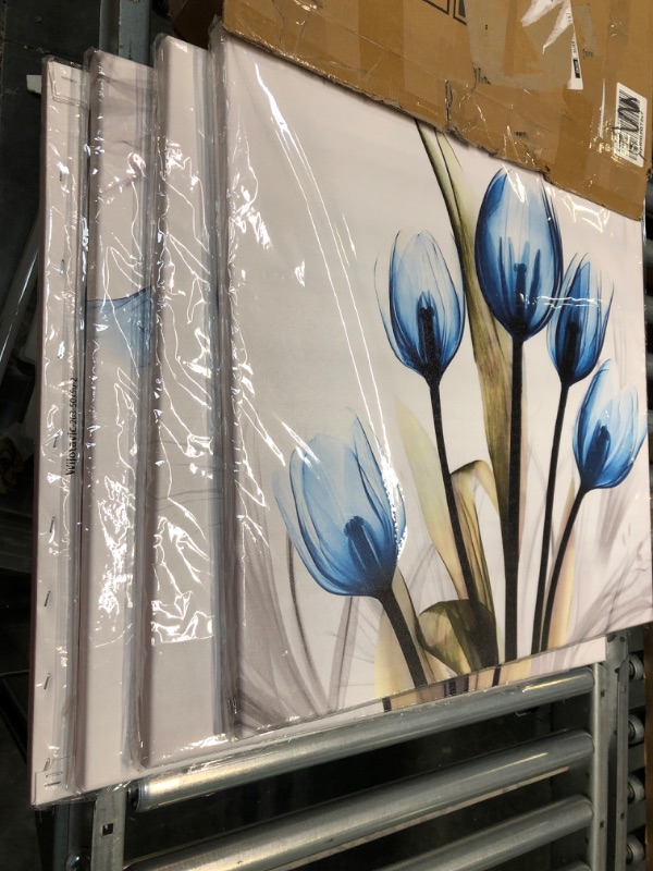 Photo 1 of Flower Canvas Prints Wall Art Decor 4 Panels Blue Elegant Tulip Artwork Simple Life Picture for Living Room Bedroom Home Salon SPA Wall Decoration 20" x 20" 4 Pieces 20x20x4 Wrapped Canvas(Blue Tulip)