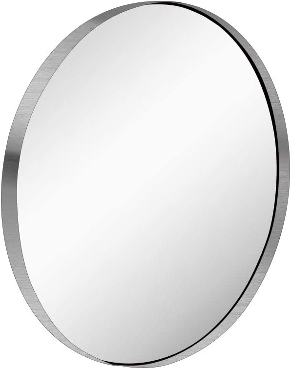 Photo 1 of KAASUNES 30-Inch Circle Mirro Brushed Nickel Silver Wall Mounted Round Mirror, Glass Panel Circle Deep Set Design Stainless Steel Framed Mirror for Bathroom Vanity, Entryways, Living Rooms
