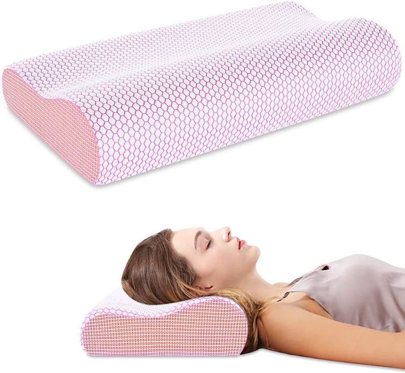 Photo 1 of Anvo Memory Foam Pillow, Neck Contour Cervical Orthopedic Pillow for Sleeping Side Back Stomach Sleeper, Ergonomic Bed Pillow for Neck Pain - Pink, Firm
