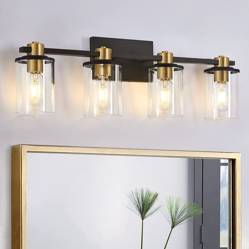 Photo 1 of 4 Light Bathroom Vanity Light, Black and Gold Bathroom Light Fixtures, Sconces Wall Lighting with Clear Glass Shade, Modern Gold Vanity Lighting fixtures for Bathroom, Bedroom, Hallway