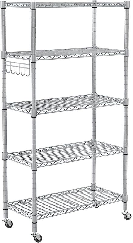 Photo 1 of 5 Tier Adjustable Rolling Storage Shelves, Heavy Duty Wire Storage Racks and Shelving, Metal Shelves for Storage (HOOKS NOT INCLUDED)