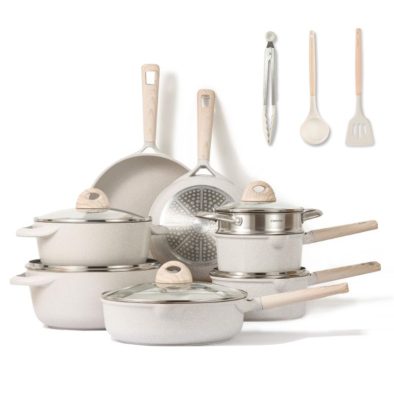 Photo 1 of ***New, but has lot of marks and damage****CAROTE 16pcs Pots and Pans Set, Nonstick Cookware Sets, Kitchen Induction Pots and Pans Cooking Sets, Pan Sets for Cooking, Cooking Utensils Set 16 pcs Beige Granite