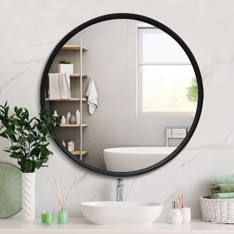 Photo 1 of 36 Inch Black Round Wall Mirror, Large Metal Frame Hanging Decorative Circle Mirror for Bathroom/Bedroom/Living Room/Vanity/Washroom/Entryway