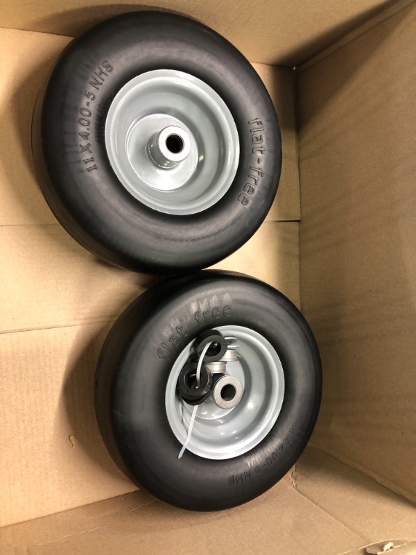 Photo 2 of 2 PCS 11x4.00-5" Flat Free Lawn Mower Tire on Wheel, 3/4" or 5/8" Bushing, 3.4"-4"-4.5 -5" Centered Hub, Universal Fit Smooth Tread Tire for Zero Turn Lawn Mowers, with Universal Adapter Kit