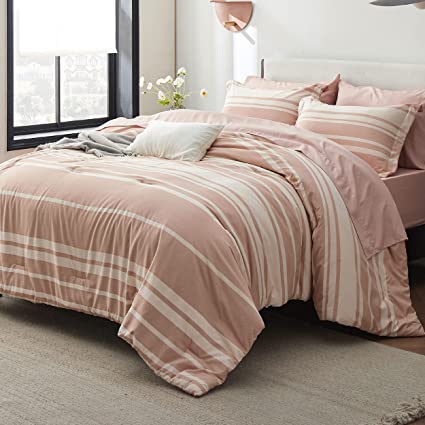 Photo 1 of Bedsure Bed in a Bag Full Size 7-Piece Dusty Pink White Striped