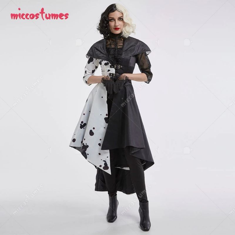 Photo 1 of Women Cruella de Vil Cosplay Costume Black and White Coat with Top and Pants Outfit
