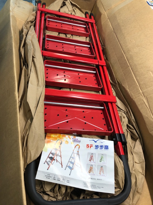 Photo 2 of 4 Step Ladder, Folding Step Stool with Wide Anti-Slip Pedal,Red Lightweight Collapsible 4 Stair Ladder for Adults Home Kitchen Pantry Office