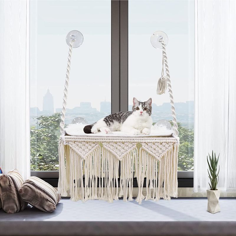 Photo 1 of Cat Window Perch Macrame Cat Hammock Boho Wall Mounted Pet Resting Seat Bed for Sunbathing, Napping & Overlooking with 4 Seat Suction Cups & Fleece Blanket & Knitted Ball Toy - Weighted up to 35lbs.
