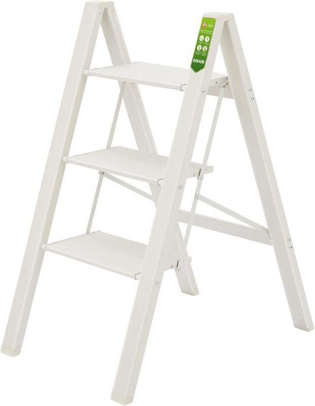 Photo 1 of 3 Step Ladder, RIKADE Folding Step Stool with Wide Anti-Slip Pedal, Aluminum Portable Lightweight Ladder for Home and Office Use, Kitchen Step Stool beige 
