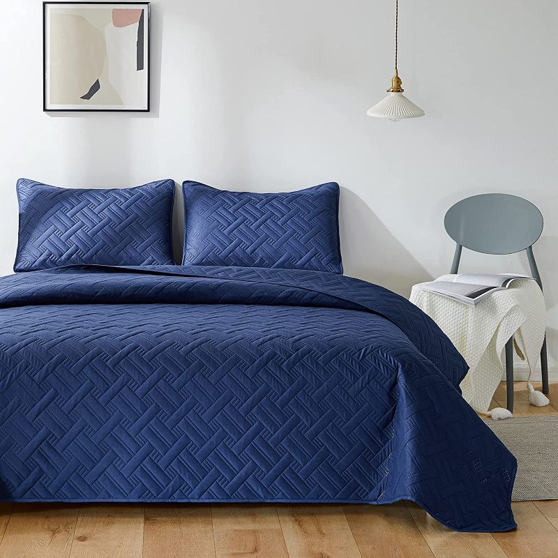 Photo 1 of beeweed Quilt Set Queen Size 3 Pieces, Lightweight Microfiber Basket Pattern Bedspreads for All Season, Navy Blue Soft Summer Coverlet Set with Ultrasonic Quilting Technology (1 Quilt, 2 Pillow Shams)
