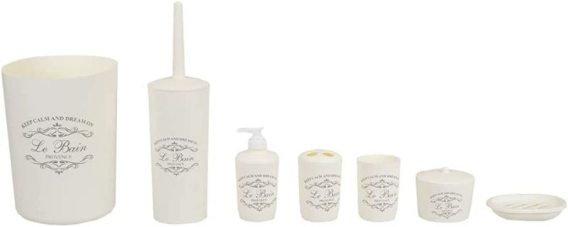 Photo 1 of 7-Piece Paris Bathroom Set (Beige), By Home Basics | Made From Plastic | Includes Tumbler, Toothbrush Holder, Soap Dish, Lotion Dispenser, Cotton Ball...
