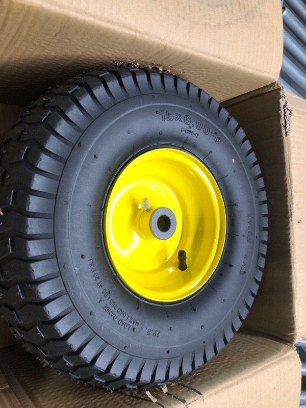 Photo 2 of (2 Pack) AR-PRO Exact Replacement 15" x 6.00 - 6" Front Tire and Wheel Assemblies for John Deere Riding Mowers - Compatible with John Deere 100 and D100 Series - 3” Hub Offset and 3/4” Bushings 15" x 6.00-6" Yellow