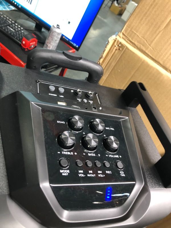 Photo 2 of Moukey Karaoke Machine, PA System Subwoofer, Portable Bluetooth Speaker w/ 2 Wireless Microphones, Lyrics Display Holder, Party Lights & Echo/Treble/Bass Adjustment, Support TWS/REC/AUX/MP3/USB/TF/FM 10" Subwoofer