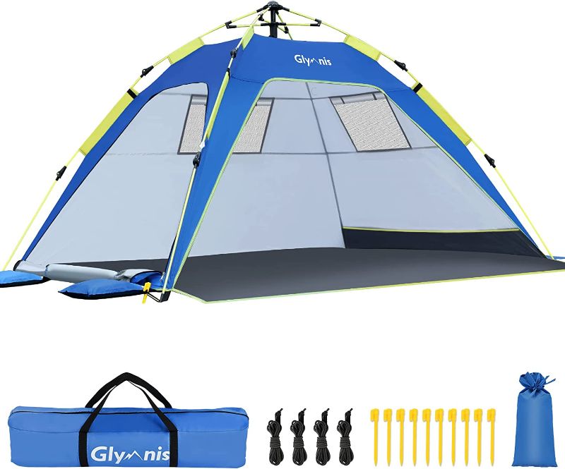 Photo 1 of Glymnis Pop Up Beach Tent Sun Shade Shelter for 4 Person with UPF 50+ Easy Setup Beach Shade, 3 Ventilation Windows, Extended Floor Family Instant Beach Tent
