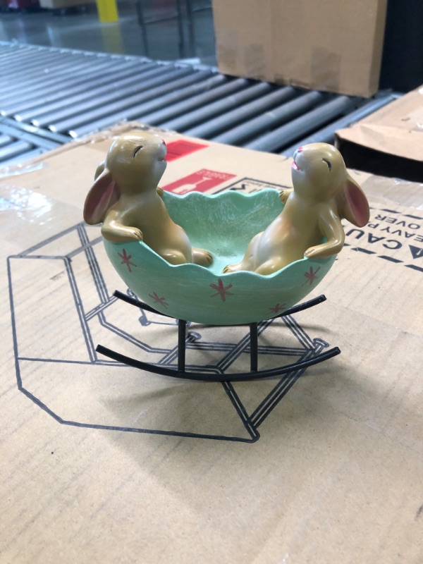 Photo 3 of Laughing Bunny Rabbits Rocking in an Easter Egg Cradle Spring Easter Decoration Vintage Rustic Country Bunnies Rabbit Figurine Statue (Bunnies in a Cradle)