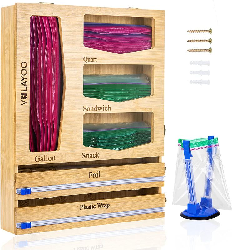 Photo 1 of 
VOLAYOO Drawer organizer for Ziplock Bags and Foil, Organize Your Kitchen Drawer with a Storage Bag Organizer for Ziplock Bags, Foil, Plastic Wrap, 7 in 1 Zip Lock Bamboo Bag organizer for Brawer & Bandwich Bag Holder