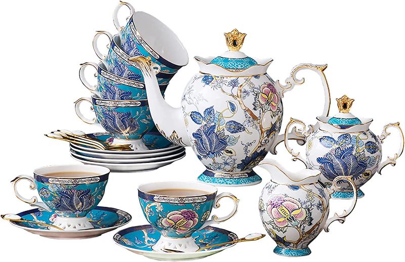 Photo 1 of ACMLIFE Bone China Coffee Tea Sets, 21-Piece Porcelain Tea Cup Set, Tea Cup and Saucer Set Service for 6 with 34 Ounces Teapot,Sugar Bowl,Creamer Pitcher and Teaspoons, Christmas Gifts for Women