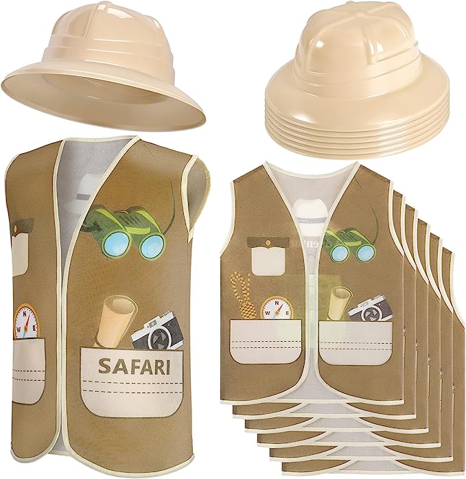 Photo 1 of 12 Pcs Safari Hats and Vest for Kids Safari Dress Costume Include 6 Safari Party Hats and 6 Safari Party Vest Kids Safari Party Supplies for Theme Jungle Party Birthday Halloween