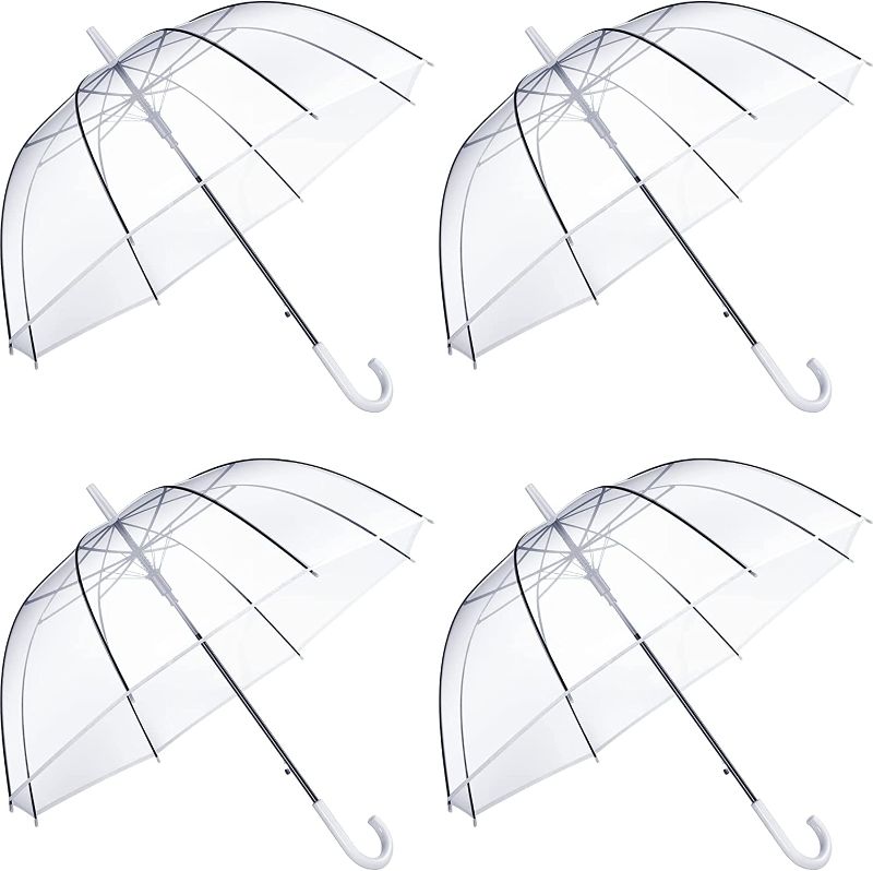 Photo 1 of 14 Pieces Clear Wedding Umbrella Automatic Open Rounded Umbrella Windproof Bubble Umbrella J Handle Large Canopy Stick Umbrella for Bride Groom Photography Rain