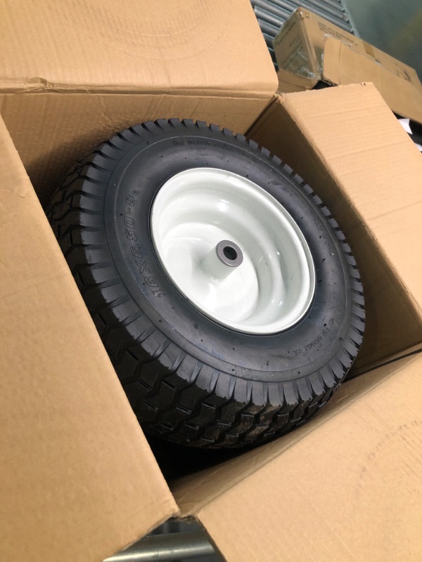 Photo 3 of (2-Pack) 16x6.50-8 Tubeless Tires on Rim - Universal Fit Riding Mower and Yard Tractor Wheels - With Chevron Turf Treads - 3" Offset Hub, 3/4"